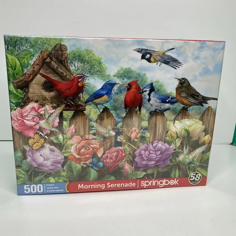 Springbok MORNING SERENADE 500 Piece Puzzle Birds Birdhouse Roses Cardinals